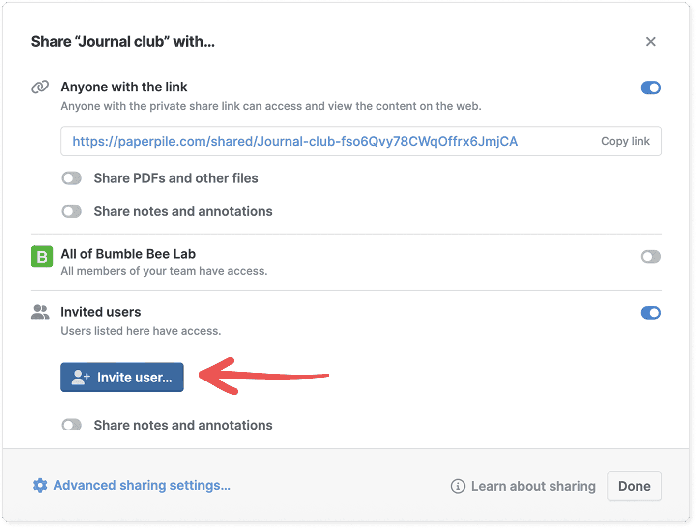The “Share ‘Journal club’ with…” dialog with “Anyone with the link” enabled and a red arrow pointing to the “Invite user…” button under Invited users.